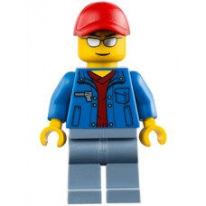 cty461 Blue Jacket over Dark Red V-Neck Sweater, Sand Blue Legs, Red Cap with Hole, Silver Sunglasses